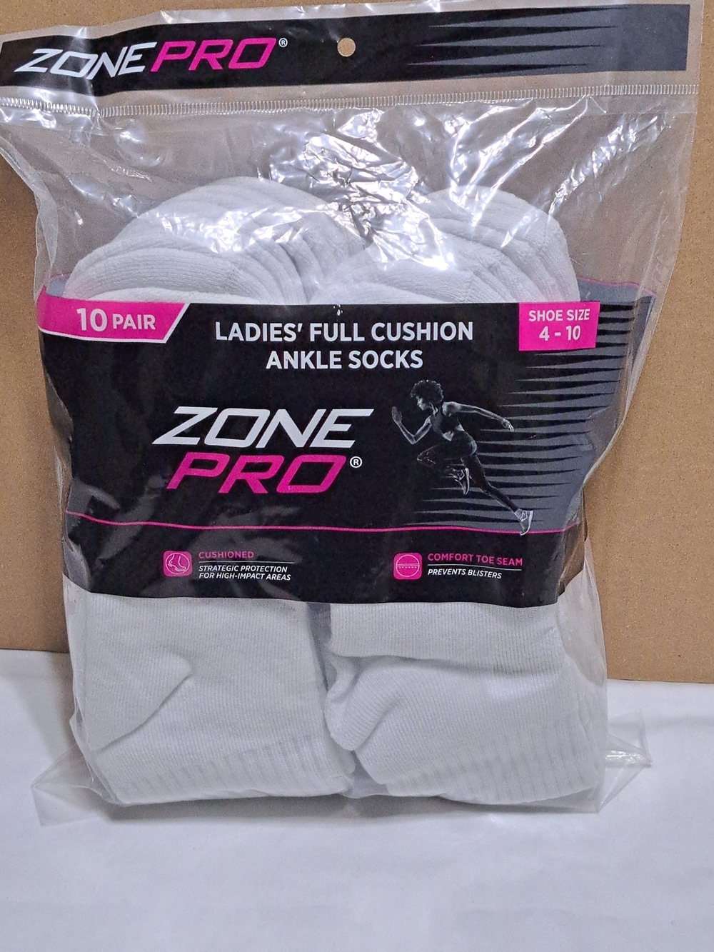 Zone Pro White Ladies' Full Cushion Ankle Socks - 10 Pair